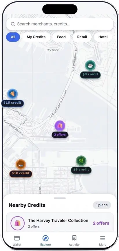 The WhiteFang map on a phone: nearby shops pinned, each with the credit it is offering.