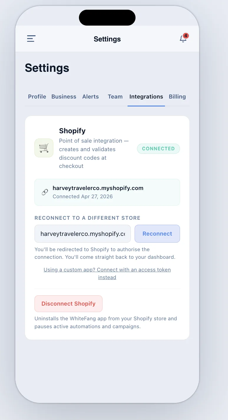 The WhiteFang dashboard confirming a connected Shopify store